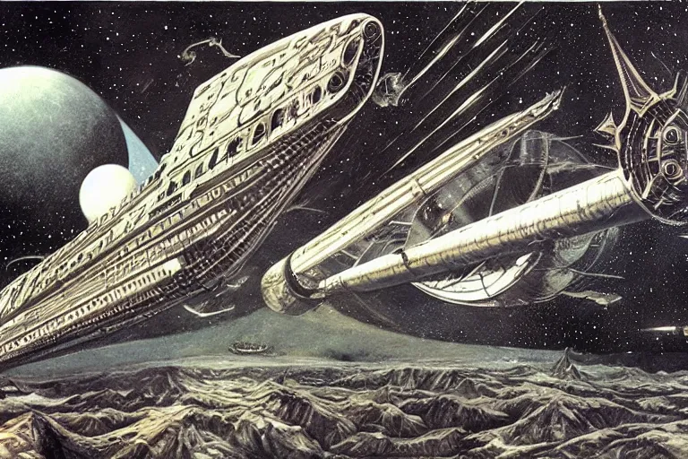 Image similar to atompunk space ship sailing through the infinite cosmos, painting by h. r. giger