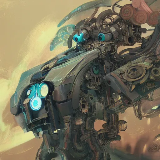 Prompt: peter mohrbacher, intricate, mechanical, clockwork transformer robot made of microcircuitry and transistors by kazuhiko nakamura, pastel color theme, cgsociety, 4 k wallpaper