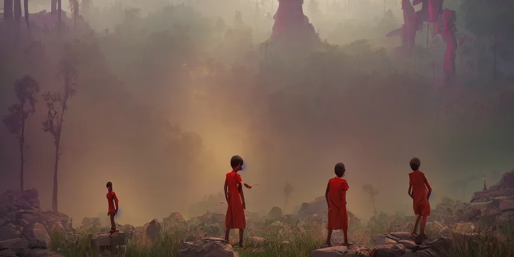 Image similar to kerala school boys wearing girls dresses posing for a photo, an epic fantasy, dramatic lighting, cinematic, establishing shot, extremely high detail, photorealistic, cinematic lighting, artstation, matte painting by simon stalenhag, shadow of the tomb rider