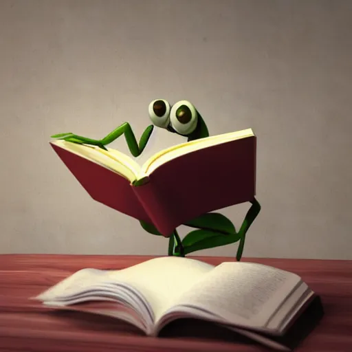 Image similar to 3 d render of praying mantis reading a book, octane render, pixar style