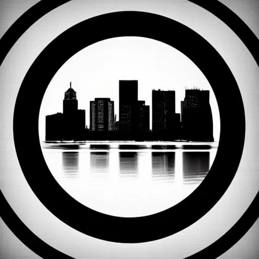 Image similar to a perfect circle, around the outer edge of the circle is the silhouette of a city skyline, inside the circle is empty, black and white, minimalist, in the style of a line drawing