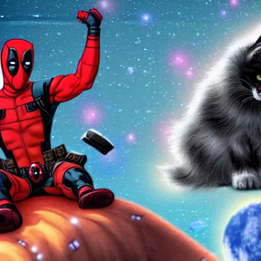 Image similar to deadpool riding on fluffy cat in space