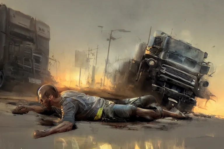 Image similar to epic concept art of an approaching truck and a man on the ground. close - up fallen man in foreground. backlight. rim light, strong contrast. by ashley wood and j. m. w. turner, speed painting, photo bash, cinematic angle, super detailing, strong perspective, traffic accident, haze over the shoulder shot