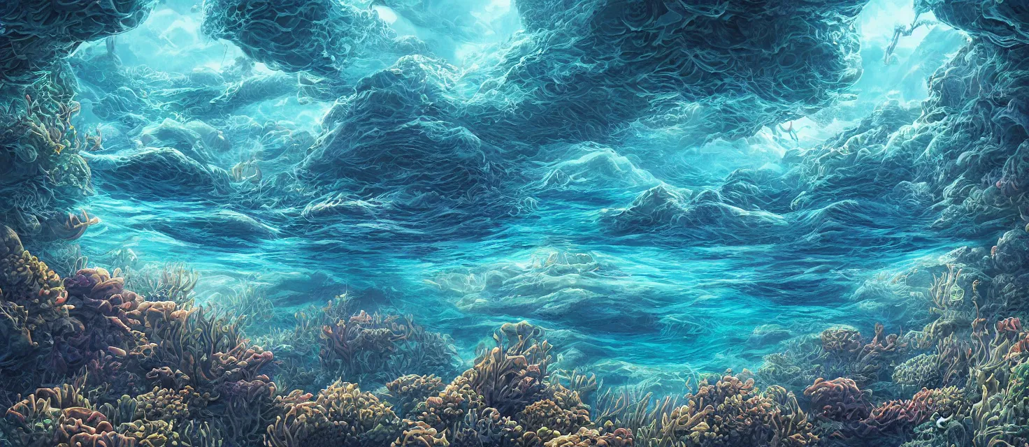 Prompt: An illustraion of an underwater seascape, digital art, massive scale, detailed, Ghibli Studio, Dan Mumford