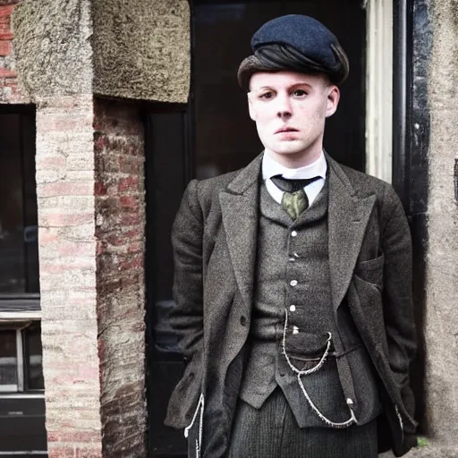 Image similar to photo of a british young man wearing peaky blinders outfits,