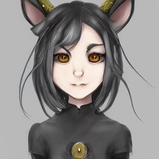 Image similar to headshot of young female furry, D&D, cute, fantasy, intricate, long hair, dark grey skin, mouse face, mouse nose, dark skin, mouse head, mouse ears, black hair, elegant, highly detailed, cartoony, artstation, concept art, smooth, sharp focus, illustration, art by Diives