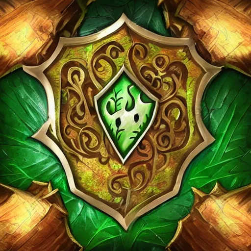 Image similar to green leaves shield, tree roots on the shield, shield made of leaves, epic fantasy style, card game artwork