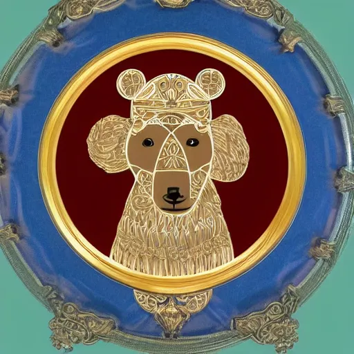 Image similar to a photo in a circular ornate golden frame, of a brown and red college mascot bear wearing blue jeans sitting on the bleachers inside the gym,