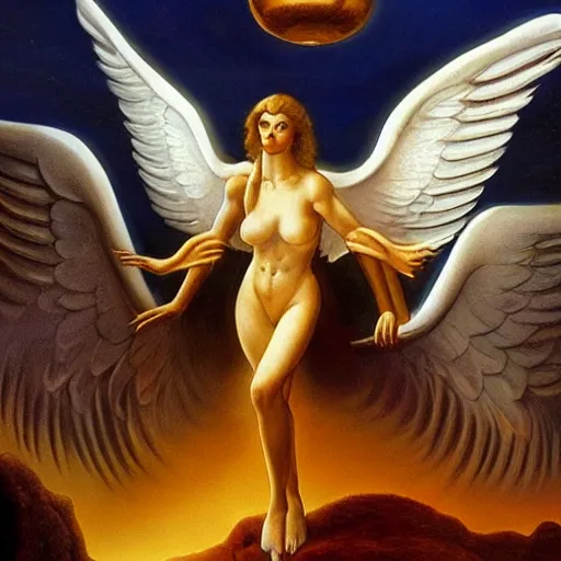 Prompt: a new world with a human depicted as angel standing next to the world by boris vallejo and leonardo davinci, fantasy sci - fi background, cyberwings on angels