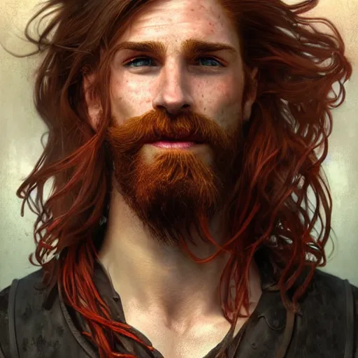 Image similar to portrait of a young ruggedly handsome but joyful pirate, soft freckles, male, masculine, upper body, red crimson hair, long long flowing hair, fantasy, proud smirk, intricate, elegant, highly detailed, digital painting, artstation, concept art, matte, sharp focus, illustration, art by artgerm and greg rutkowski and alphonse mucha