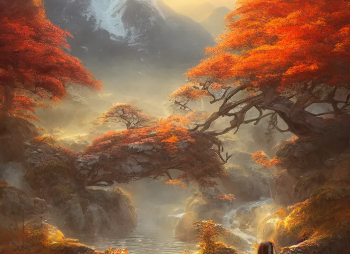 Image similar to environmental portrait of princess at a japanese mountain onsen at golden hour, autumn colour oak trees, Concept art by Jorge jacinto, masterpiece, highly detailed and ultra realistic, trending on artstation