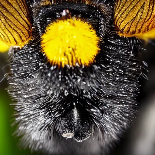 Prompt: macro photography of a bee landing on a high detailed dog's nose. pollen on the nose. bokeh. contest winning photography. 8 k. hyper - realistic