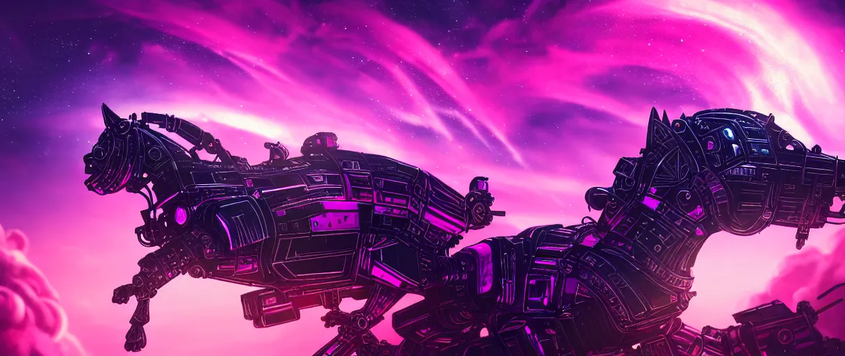 Prompt: space, a mechanical horse with a pink mohawk drives a pirate spaceship, punk, hyperdetailed illustration, stars, pink, neon, oil painting, rich deep colors masterpiece, pirate neon ship, ultra detailed, contrast, heaven pink, clouds, volumetric light, atmospheric lighting, dramatic, cinematic, moody, octane render 4 k, 8 k