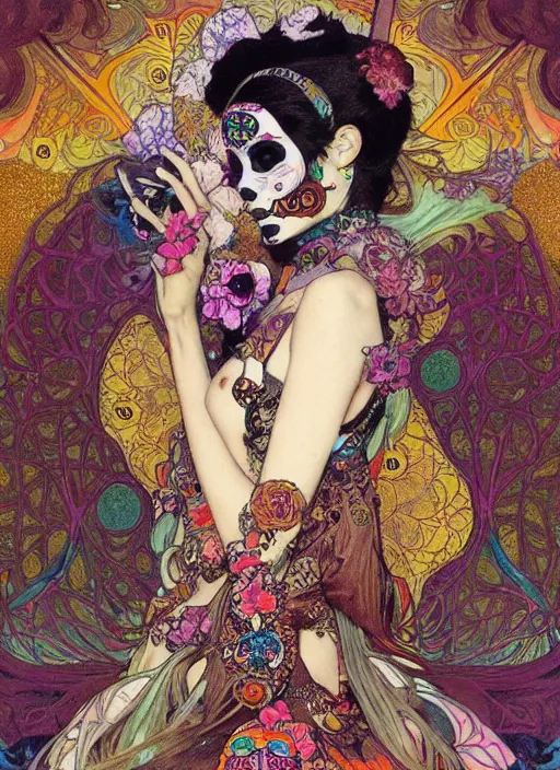 Image similar to psychedelic poster art of a cute punk goth fashion fractal Día de los Muertos tattooed girl posing in goth outfit by Victor Moscoso Rick Griffin Alphonse Mucha Gustav Klimt Ayami Kojima Amano Charlie Bowater, masterpiece