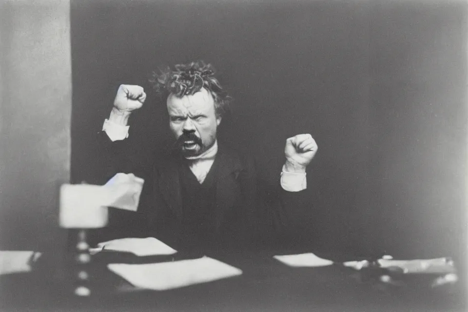 Prompt: wet plate photograph, august strindberg angry shouting and banging his fist on a secretary desk in a small messy viennese apartment, night time, alone, lamplight, victorian era, depth of field, very detailed, highly accurate, intricate