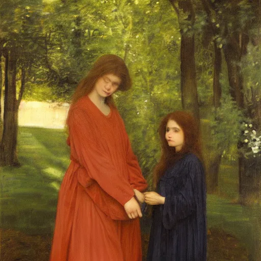 Prompt: painting of a pre - raphaelite girl and mother in robes, 5 0 mm lens, f 1. 4, sharp focus, ethereal, emotionally evoking, head in focus, volumetric lighting, blur dreamy outdoor,