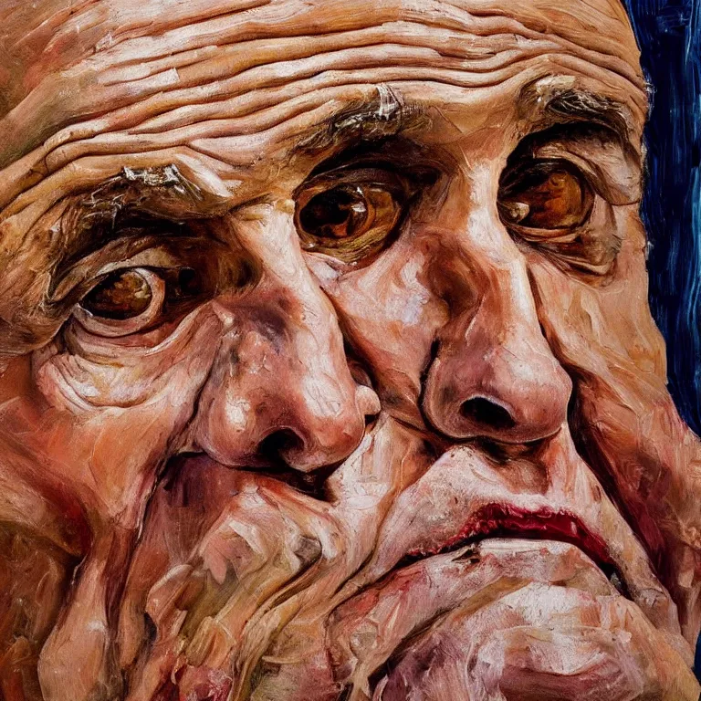 Image similar to warmly lit close up studio portrait of aging old Rudy Giuliani age 115 wrinkled furious, impasto oil painting thick brushstrokes by Lucian Freud and Cy Twombly and Tim Hawkinson , trending on artstation dramatic lighting Expressionism