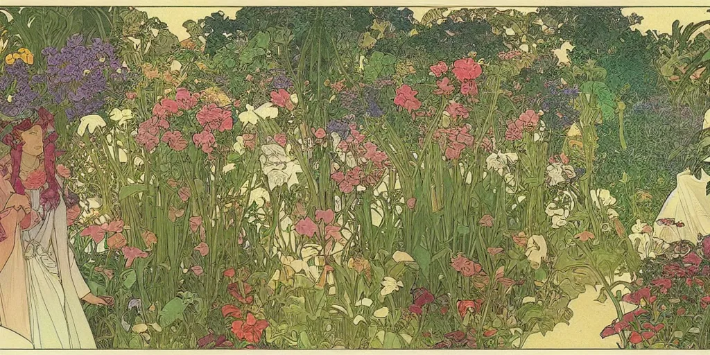 Image similar to an illustration of a beautiful garden, isometric view, painted by moebius and james jean and alphonse mucha