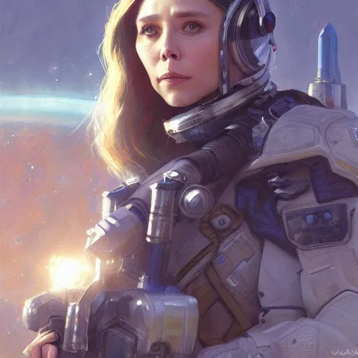 Prompt: Elizabeth Olsen as a space sci-fi soldier, closeup character art by Donato Giancola, Craig Mullins, digital art, trending on artstation