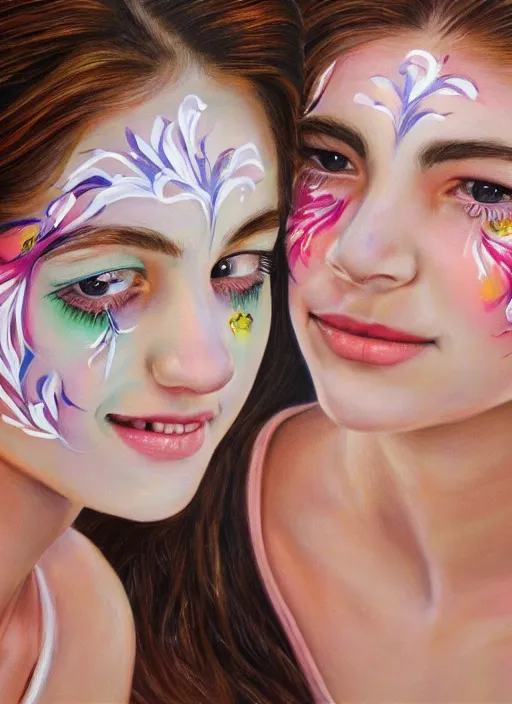 Prompt: a beautiful detailed painting of two girls face painting, realistic, f 8, 4 k hd wallpaper