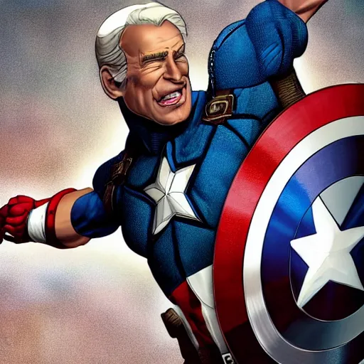 Image similar to hyperdetailed 3 d cartoon render of cartoon captain america being thrown into a garbage can, a sign reads biden did this, exaggerated facial features, cartoon style, white background, low angle shot, cinematic studio lighting, studio quality, octane render, unreal engine 5, trending on artstation, art by sebastian jm, 8 k