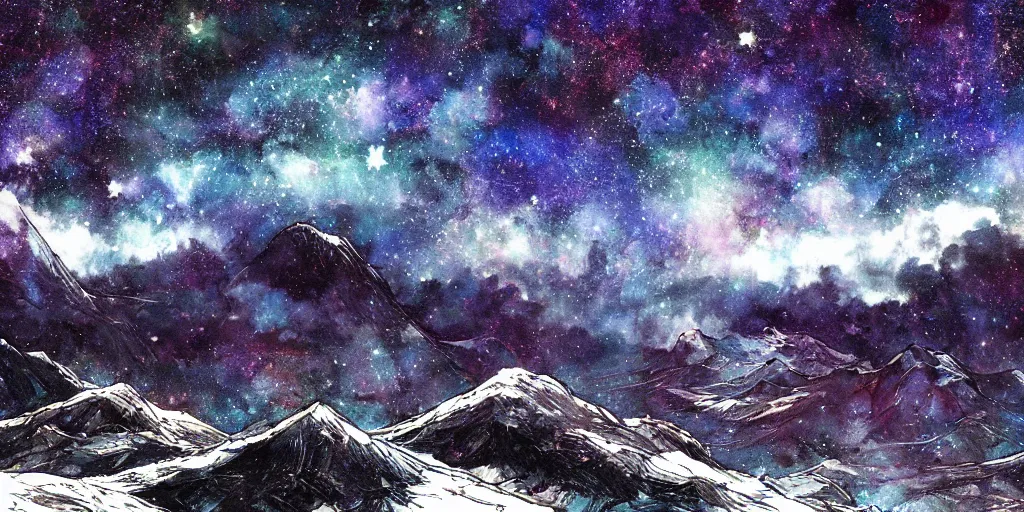 Image similar to stunning cold mountain landscape with sky full of galaxies by posuka demizu