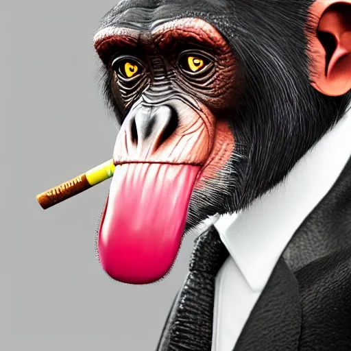 Image similar to a high detail closeup shot of a chimp wearing a suit 👔,and smoking a cigarrette🚬, cgcosiety, artstation, unreal engine, realism