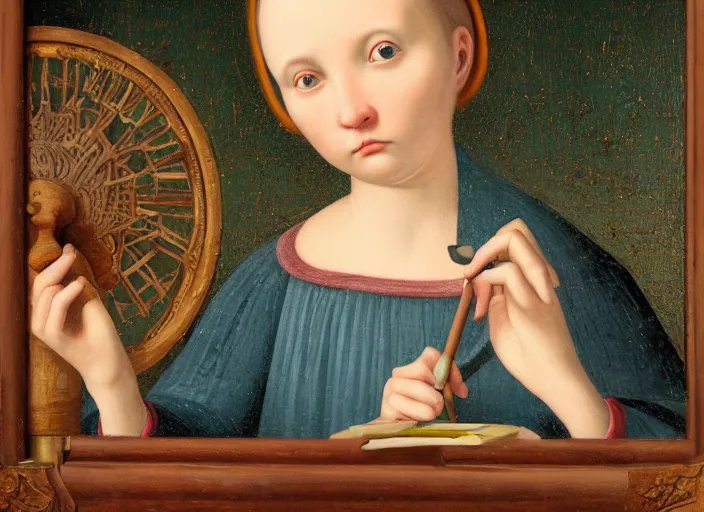 Prompt: a portrait of an inventor, lowbrow in the style of mark ryden and fra angelico,