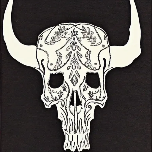 Image similar to Texas Longhorn Skull, skull bone ornately carved with delicate patterns, tritone, mixed media, fine linework, pen and ink, symmetry