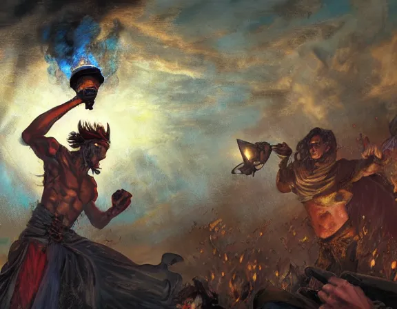 Prompt: scorned messenger. a half - man half - djinn, ifrit with lamp, lighting someone on fire. birdseye drone perspective. detailed digital illustration for mtg. dnd fantasy epic illustration by john constable, inspired by jesper ejsing, irakli nadar. traditional oil on canvas, private collection