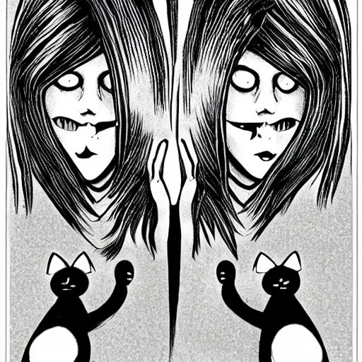 Image similar to black and white illustration creative design, two headed cat, junji ito