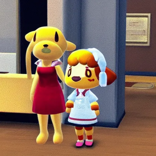 Prompt: isabelle from animal crossing visiting a blond woman that just gave birth in a hospital room