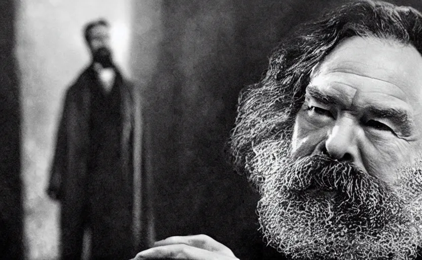 Prompt: Benedict Cumberbatch as Karl Marx in 'Marx' (2018), movie still frame, oscar nominated cinematography, volumetric lighting, 8k resolution, beautiful composition