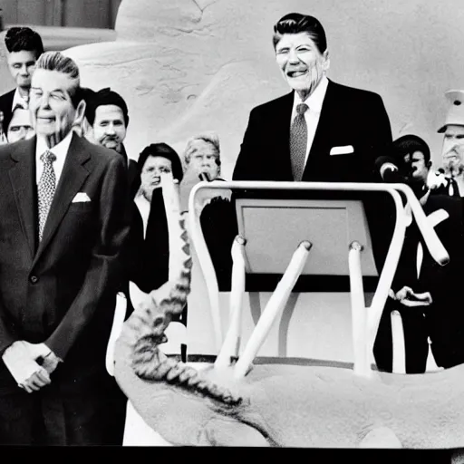 Image similar to claymation press conference ronald reagan unveiling first dinosaur born in united states outside the white house