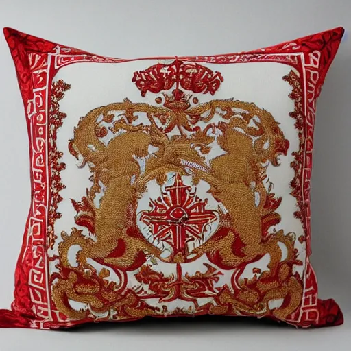 Image similar to the most amazing Imperial Russian pillow every made, product shot, intricate, fine detail, full Marxist print