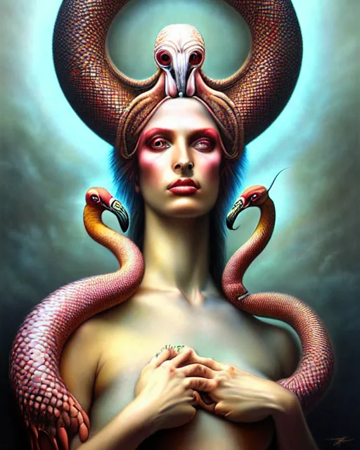 Image similar to a detailed portrait of dreampunk flamingo python hybrid mix goddess by tomasz alen kopera and peter mohrbacher