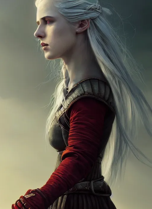 Prompt: witcher girl, fine art, awesome, award winning, hyperrealistic symmetrical hyperdetailed dark fantasy landscape, fantasy magic, sensual white skin beauty beauty red long hair windy intricate, elegant, sharp focus, cinematic lighting, highly detailed, digital painting, concept art, art by wlop and artgerm and greg rutkowski, masterpiece, trending on artstation, 8 k