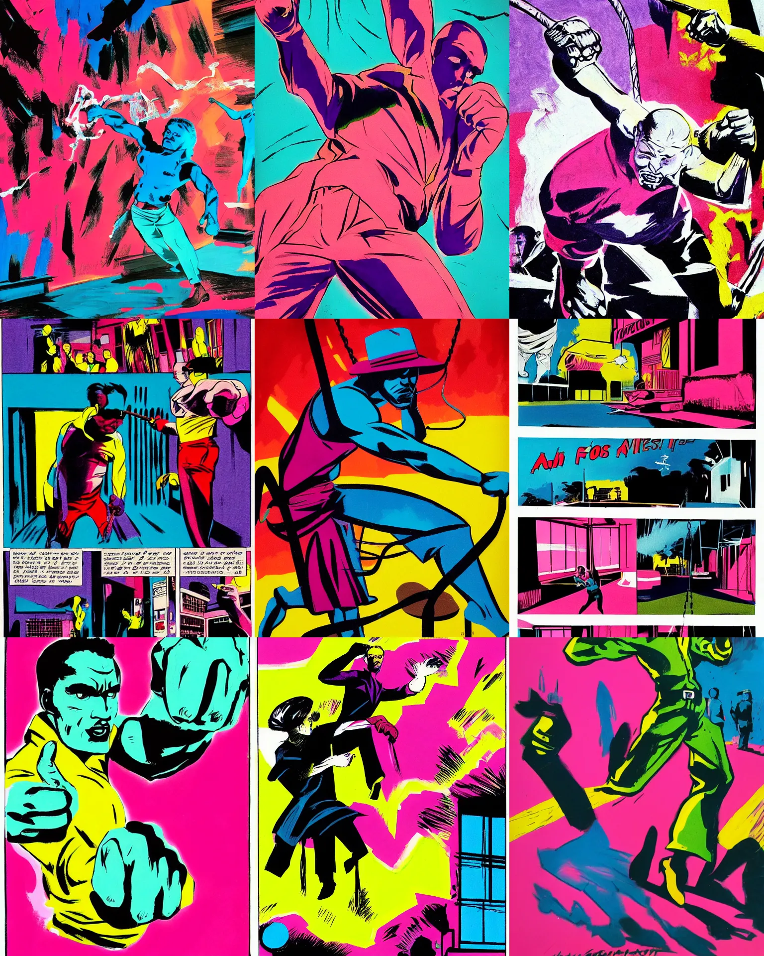 Prompt: a fist is swinging in a panel from a noir comic book page drawn with vibrant paint markers in hues of aerochrome,