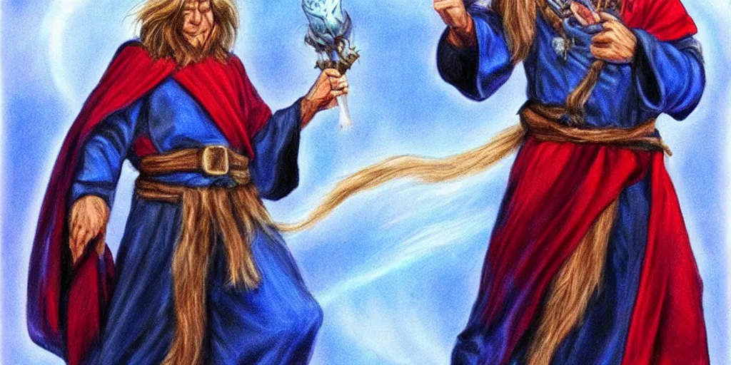 Prompt: an airbrush fantasy drawing of a druid warlock dnd character wearing blue robe with red belt.-H 576