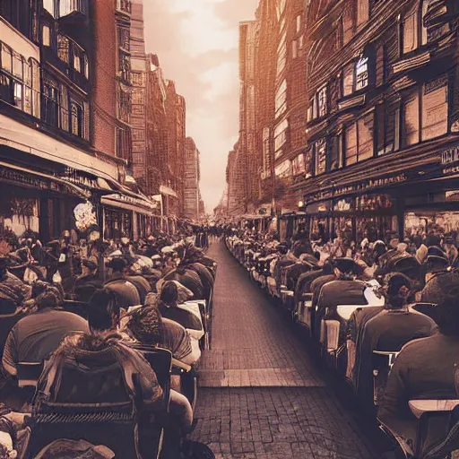 Image similar to people sitting in rows of desks in the middle of a city street, first person view from back row, dream - like atmosphere, high quality digital art