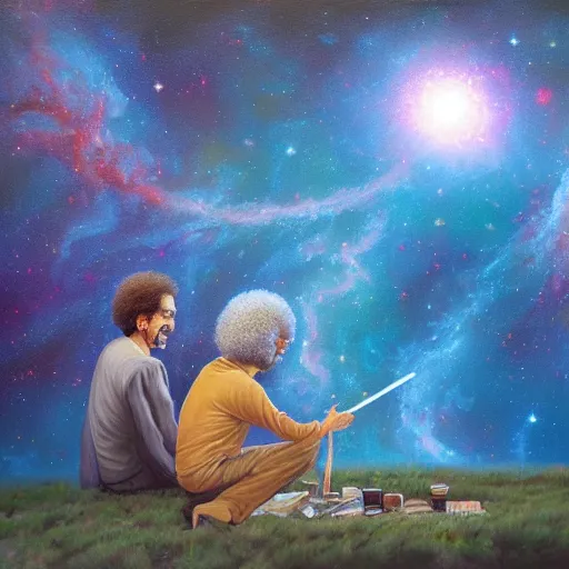 Prompt: an epic coherent oil painting of carl sagan and bob ross smoking weed together, cloud of smoke, galaxies, nebulae, hubble, james webb space telescope, digital painting bioluminance / n 4