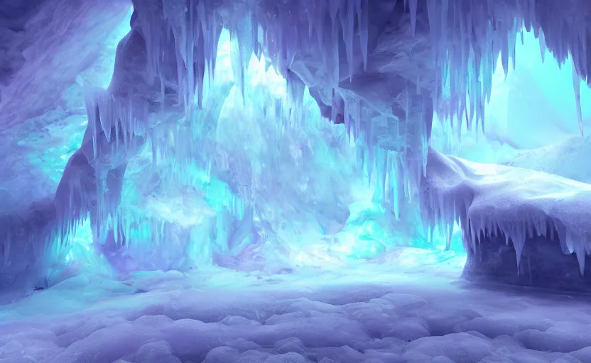 Image similar to poor kids drawing of an ice cavern matrix with purple goo tubing and ice crystals, octane render, ray - tracing, high contrast, detailed scene, subsurface - scattering, 4 k, high quality desktop wallpaper, trending on artstation