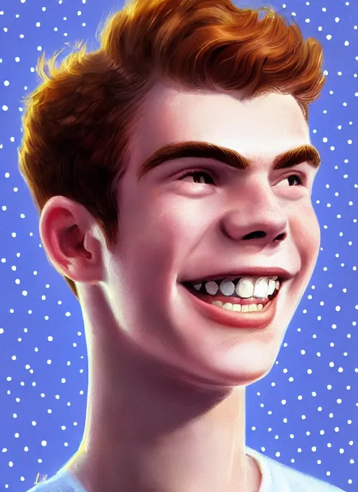 Image similar to portrait of teenage archie andrews, freckles, curly middle part haircut, curly hair, smiling kindly, friendly, 1 9 5 0 s, intricate, elegant, glowing lights, highly detailed, digital painting, artstation, concept art, smooth, sharp focus, illustration, art by wlop, mars ravelo and greg rutkowski