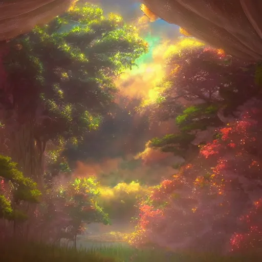 Image similar to a heavenly dream view from the interior of my cozy dream world filled with color from a Makoto Shinkai oil on canvas inspired pixiv dreamy scenery art majestic fantasy scenery fantasy pixiv scenery art inspired by magical fantasy exterior illumination of awe and wonderful magical lantern world
