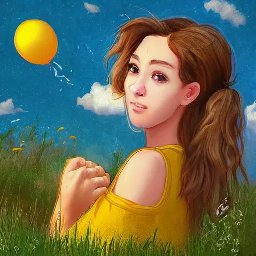 Prompt: “young woman with brown hair, animal ears and short horns, a yellow t-shirt and blue overalls riding a dinosaur in a beautiful field, lo-fi digital art, beautiful composition, trending on artstation and deviantart, masterpiece”