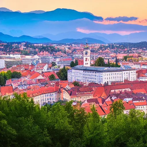 Image similar to Ljubljana skyline, professional photography, golden hour, 4k