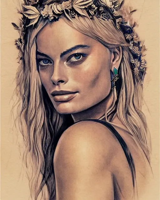 Prompt: realism tattoo sketch of margot robbie as a beautiful greek goddess aphrodite with piercing eyes wearing a laurel wreath and triangle earrings, in the style of greg rutkowski, amazing detail