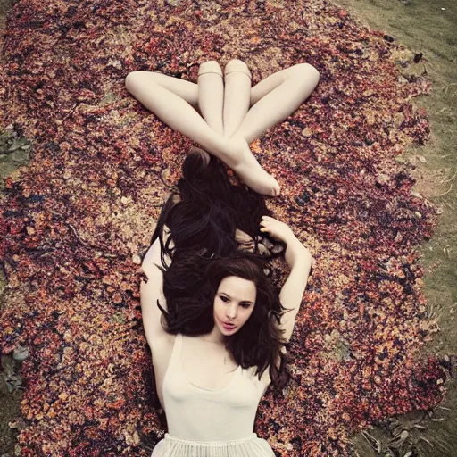 Image similar to full body fine art photo of the beauty gal gadot, she is lying down and covered by dried flowers, taken by oleg oprisco