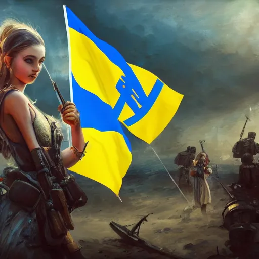 Image similar to ukrainian girls with ukrainian flag near big ruined warship, happy, concept art, trending on artstation, highly detailed, intricate, sharp focus, digital art, 8 k