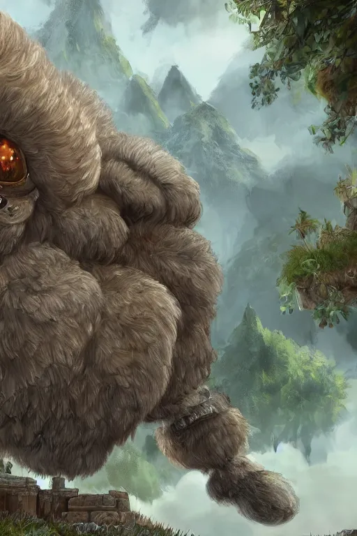 Prompt: low angle photo of a colossus fluffy creature on a village, ultra detailed, 4 k